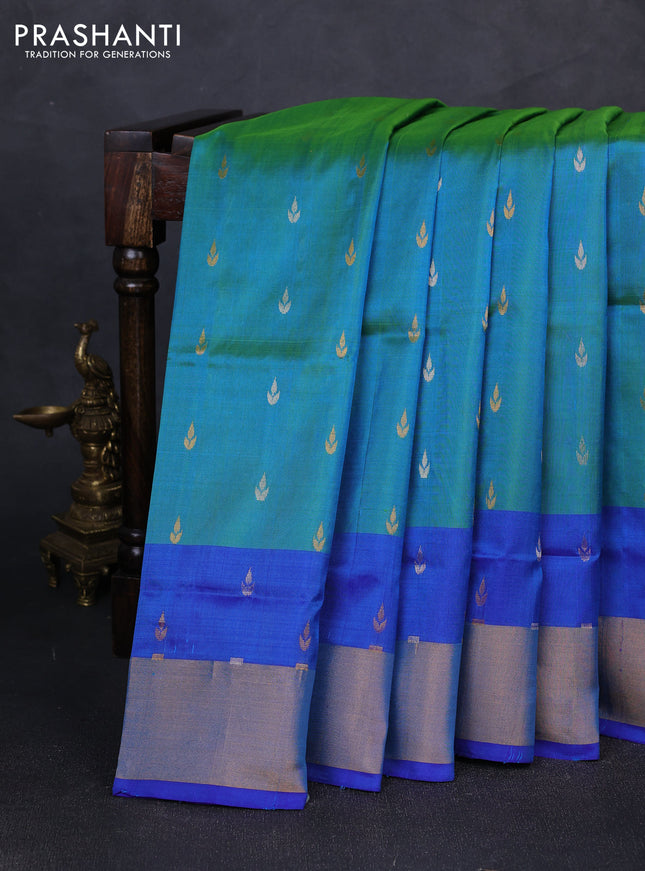 Pure uppada silk saree dual shade of teal bluish green and blue with silver & gold zari woven buttas and zari woven border