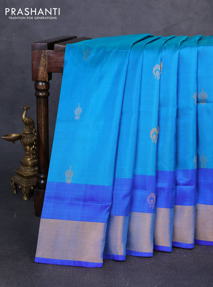 Pure uppada silk saree teal blue and blue with silver & gold zari woven buttas and zari woven butta border