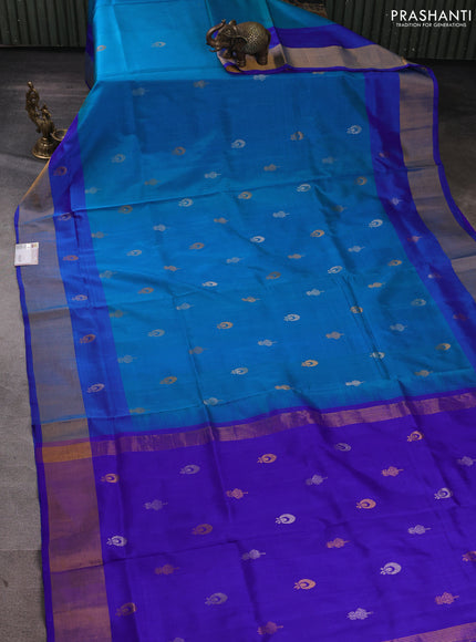 Pure uppada silk saree teal blue and blue with silver & gold zari woven buttas and zari woven butta border
