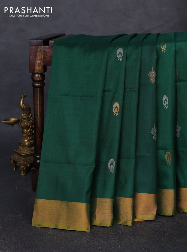 Pure uppada silk saree green and mustard yellow with silver & gold zari woven buttas and zari woven border