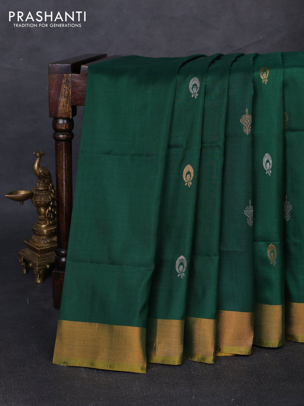 Pure uppada silk saree green and mustard yellow with silver & gold zari woven buttas and zari woven border