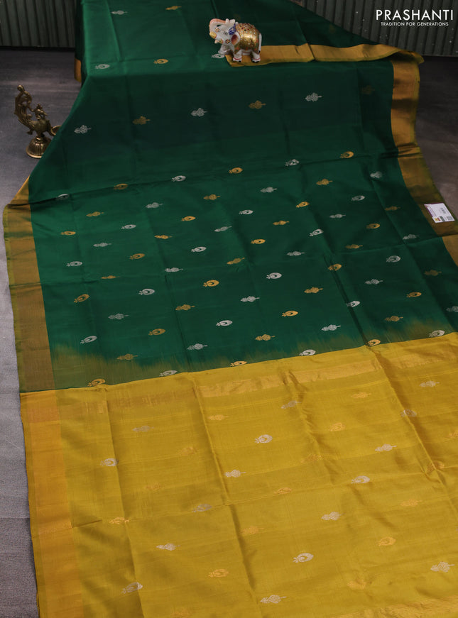 Pure uppada silk saree green and mustard yellow with silver & gold zari woven buttas and zari woven border