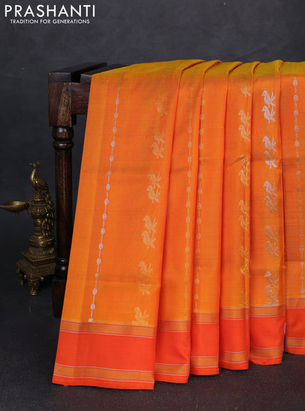 Pure uppada silk saree mango yellow and orange with allover silver & gold zari weaves and rettapet zari woven border