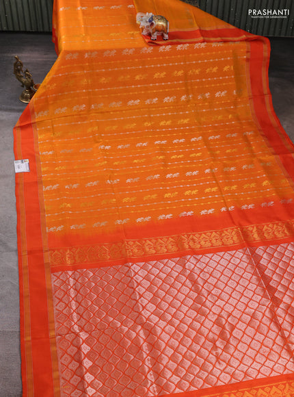 Pure uppada silk saree mango yellow and orange with allover silver & gold zari weaves and rettapet zari woven border