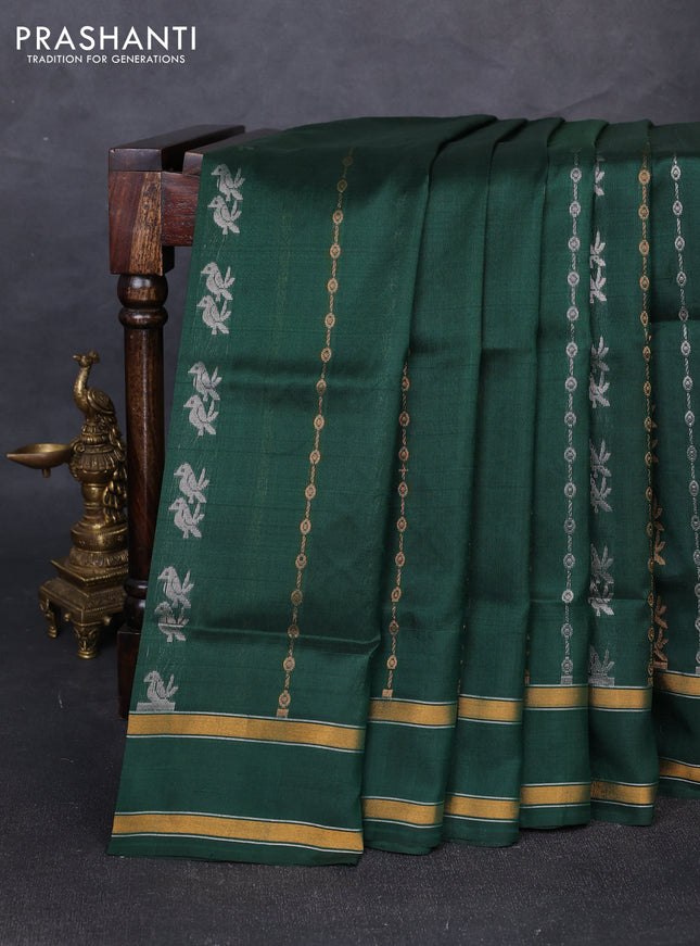 Pure uppada silk saree bottle green with allover silver & gold zari weaves and rettapet zari woven border