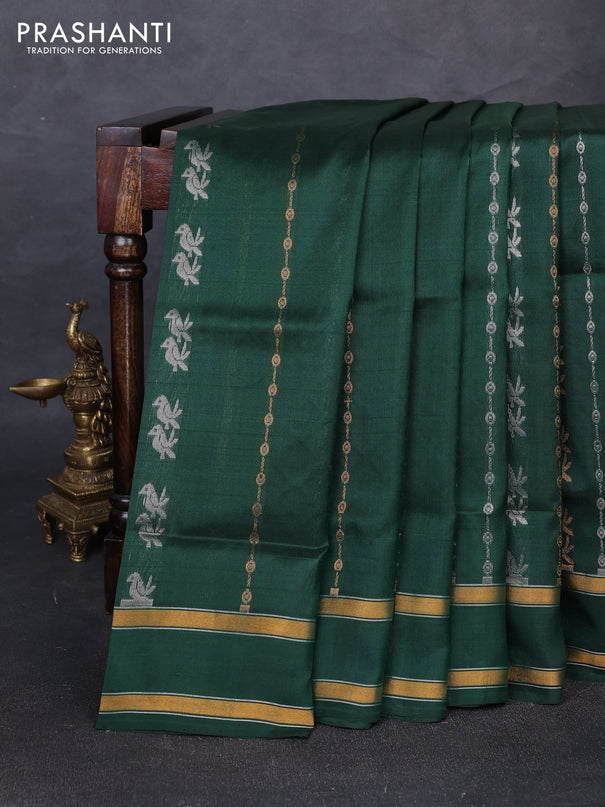 Pure uppada silk saree bottle green with allover silver & gold zari weaves and rettapet zari woven border