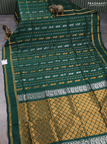 Pure uppada silk saree bottle green with allover silver & gold zari weaves and rettapet zari woven border