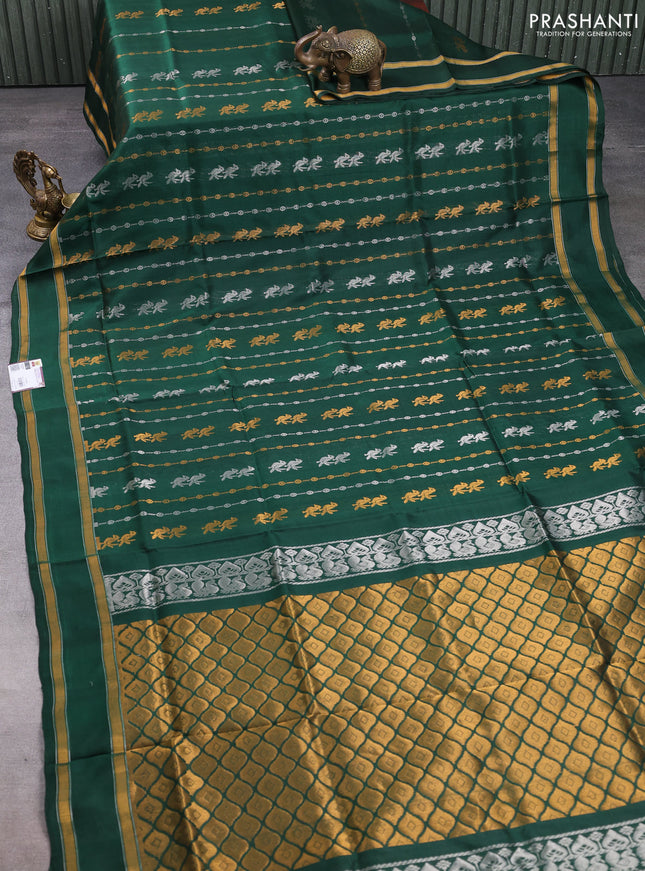 Pure uppada silk saree bottle green with allover silver & gold zari weaves and rettapet zari woven border