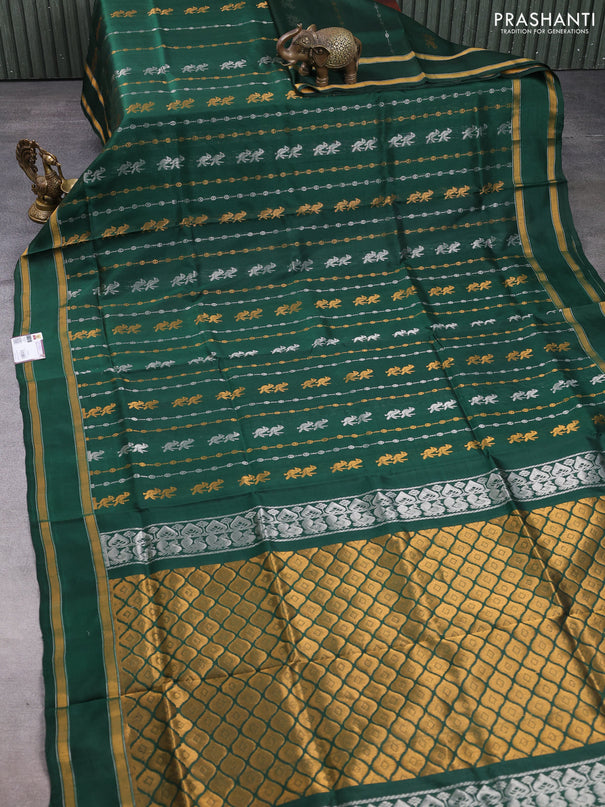 Pure uppada silk saree bottle green with allover silver & gold zari weaves and rettapet zari woven border