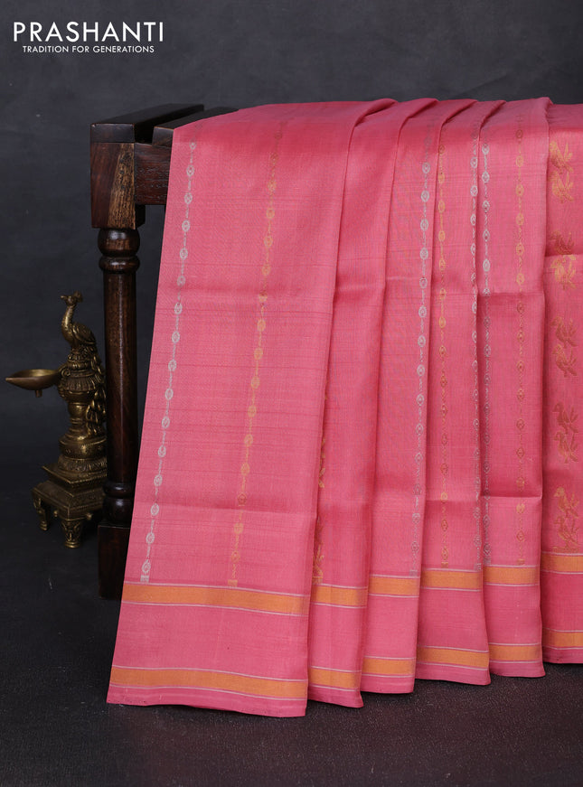 Pure uppada silk saree peach pink with allover silver & gold zari weaves and rettapet zari woven border