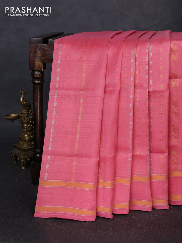 Pure uppada silk saree peach pink with allover silver & gold zari weaves and rettapet zari woven border