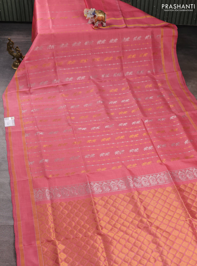 Pure uppada silk saree peach pink with allover silver & gold zari weaves and rettapet zari woven border