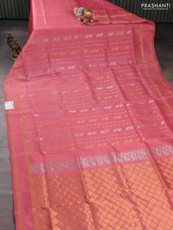 Pure uppada silk saree peach pink with allover silver & gold zari weaves and rettapet zari woven border