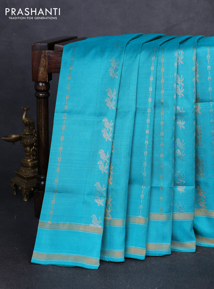 Pure uppada silk saree teal blue with allover silver & gold zari weaves and rettapet zari woven border