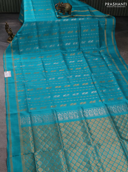 Pure uppada silk saree teal blue with allover silver & gold zari weaves and rettapet zari woven border