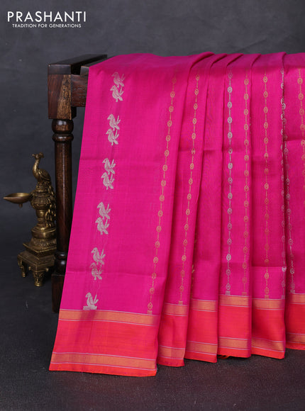 Pure uppada silk saree pink and dual shade of pinkish orange with allover silver & gold zari weaves and rettapet zari woven border