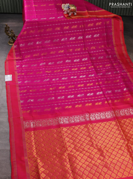 Pure uppada silk saree pink and dual shade of pinkish orange with allover silver & gold zari weaves and rettapet zari woven border