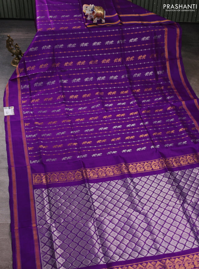 Pure uppada silk saree purple with allover silver & gold zari weaves and rettapet zari woven border