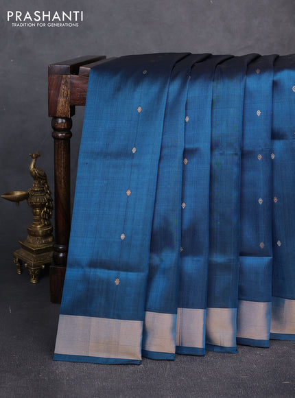 Pure uppada silk saree peacock blue with allover silver & gold zari woven buttas and zari woven border