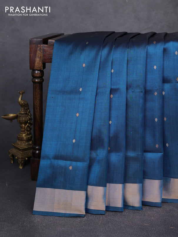 Pure uppada silk saree peacock blue with allover silver & gold zari woven buttas and zari woven border