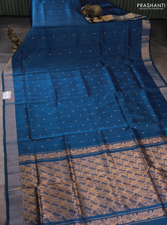 Pure uppada silk saree peacock blue with allover silver & gold zari woven buttas and zari woven border