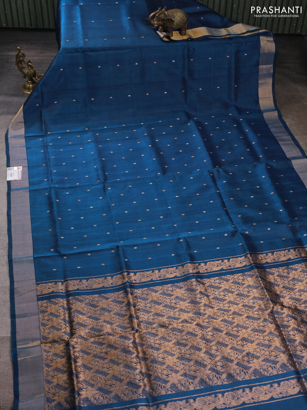 Pure uppada silk saree peacock blue with allover silver & gold zari woven buttas and zari woven border