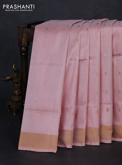 Pure uppada silk saree pastel peach with allover silver & gold zari woven buttas and zari woven border
