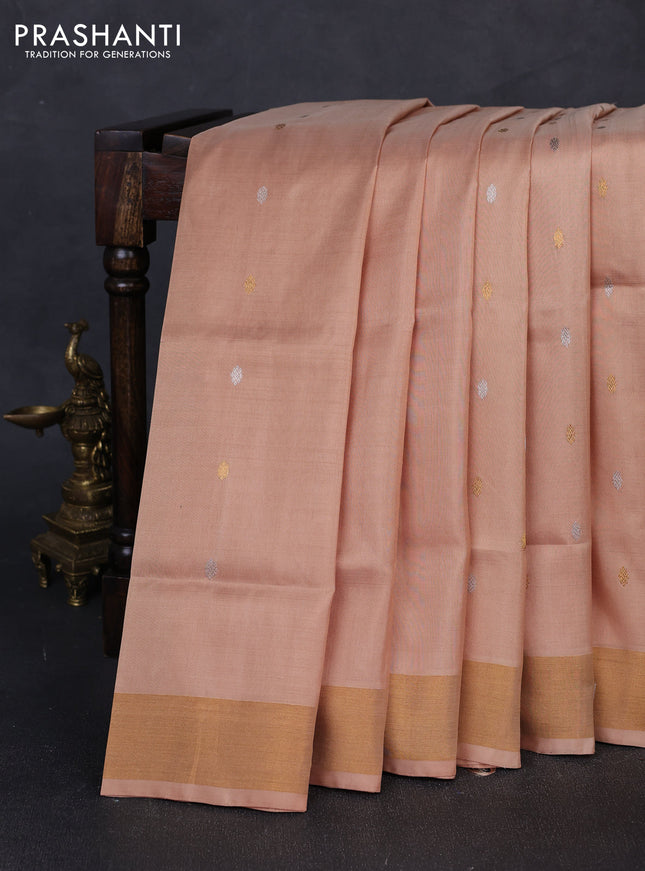 Pure uppada silk saree beige with allover silver & gold zari woven buttas and zari woven border