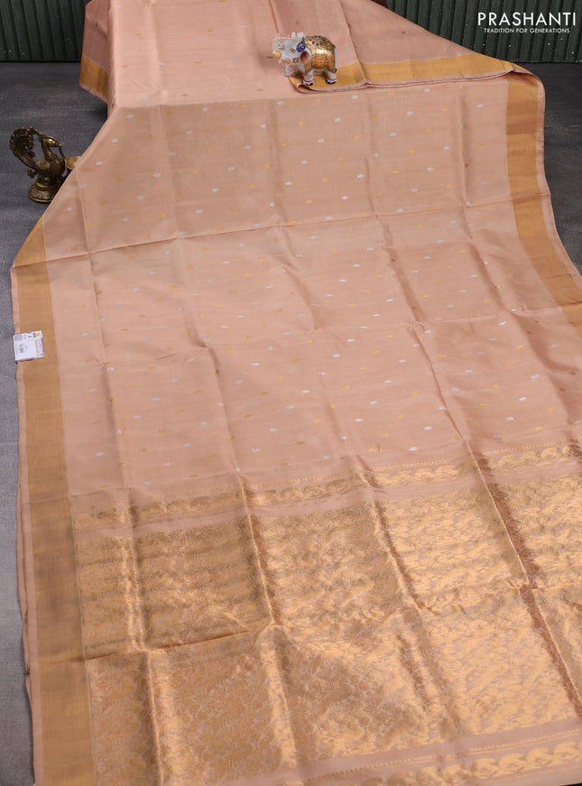 Pure uppada silk saree beige with allover silver & gold zari woven buttas and zari woven border