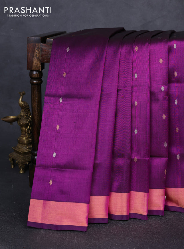 Pure uppada silk saree purple with allover silver & gold zari woven buttas and zari woven border