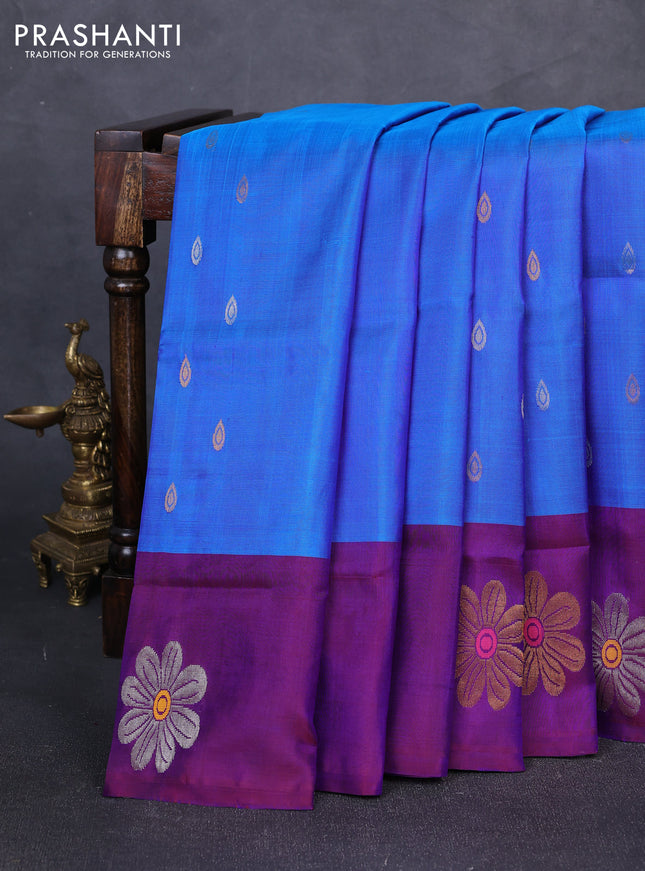 Pure uppada silk saree dual shade of blue and purple with silver & gold zari woven buttas and zari woven floral butta border