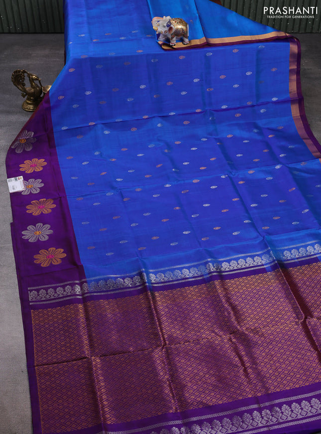 Pure uppada silk saree dual shade of blue and purple with silver & gold zari woven buttas and zari woven floral butta border