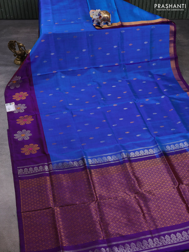 Pure uppada silk saree dual shade of blue and purple with silver & gold zari woven buttas and zari woven floral butta border