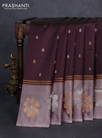 Pure uppada silk saree deep jamun and pastel grey with silver & gold zari woven buttas and zari woven floral butta border