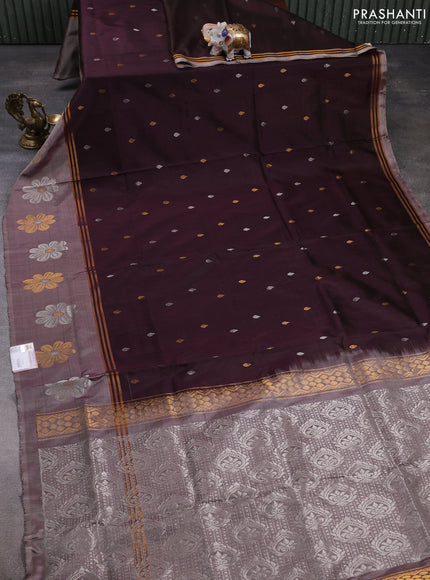 Pure uppada silk saree deep jamun and pastel grey with silver & gold zari woven buttas and zari woven floral butta border