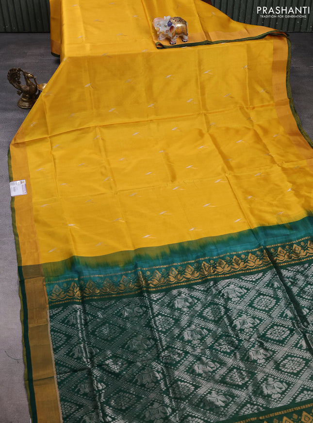 Pure uppada silk saree yellow and bottle green with silver & gold zari woven buttas and zari woven border