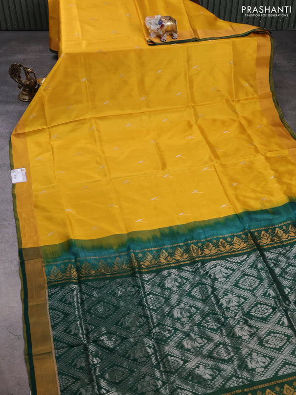 Pure uppada silk saree yellow and bottle green with silver & gold zari woven buttas and zari woven border