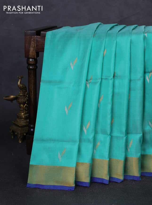 Pure uppada silk saree teal green and blue with silver & gold zari woven buttas and zari woven border