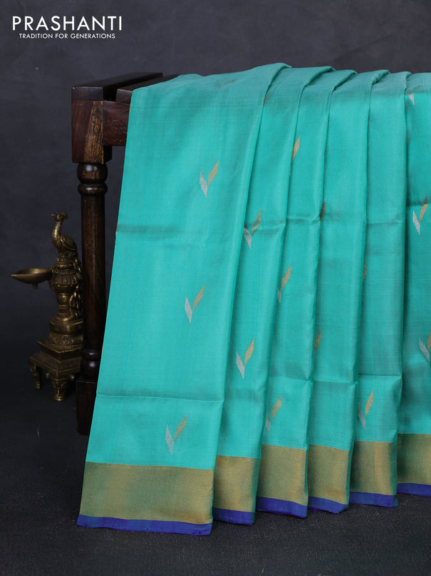 Pure uppada silk saree teal green and blue with silver & gold zari woven buttas and zari woven border