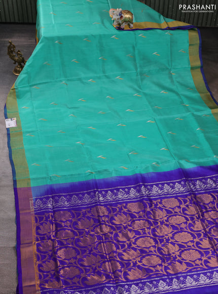 Pure uppada silk saree teal green and blue with silver & gold zari woven buttas and zari woven border