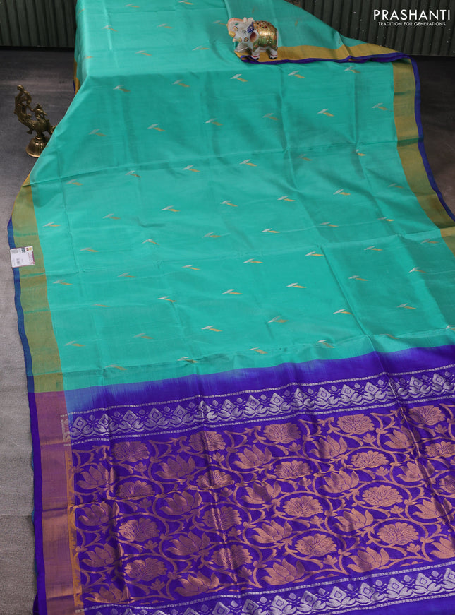 Pure uppada silk saree teal green and blue with silver & gold zari woven buttas and zari woven border