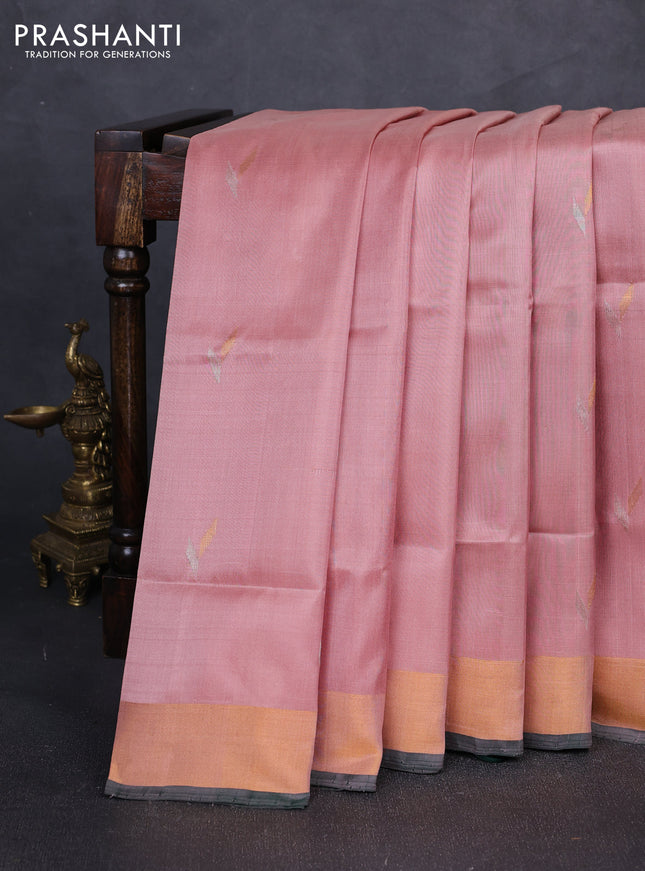 Pure uppada silk saree pastel peach and bottle green with silver & gold zari woven buttas and zari woven border