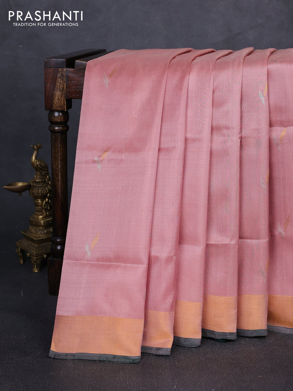 Pure uppada silk saree pastel peach and bottle green with silver & gold zari woven buttas and zari woven border