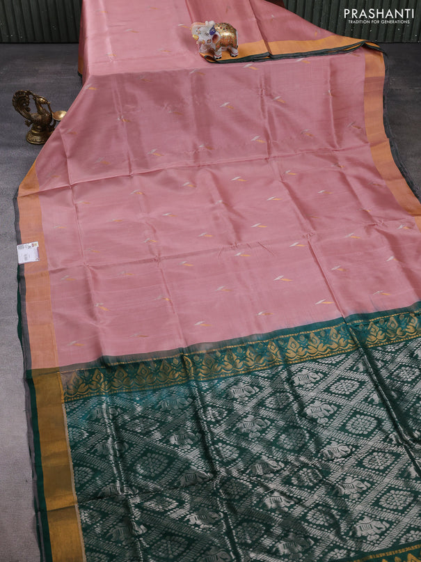 Pure uppada silk saree pastel peach and bottle green with silver & gold zari woven buttas and zari woven border