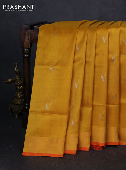 Pure uppada silk saree mustard yellow and orange with silver & gold zari woven buttas and zari woven border