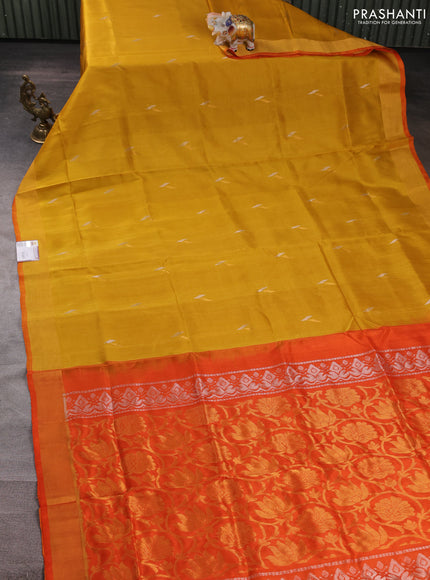Pure uppada silk saree mustard yellow and orange with silver & gold zari woven buttas and zari woven border