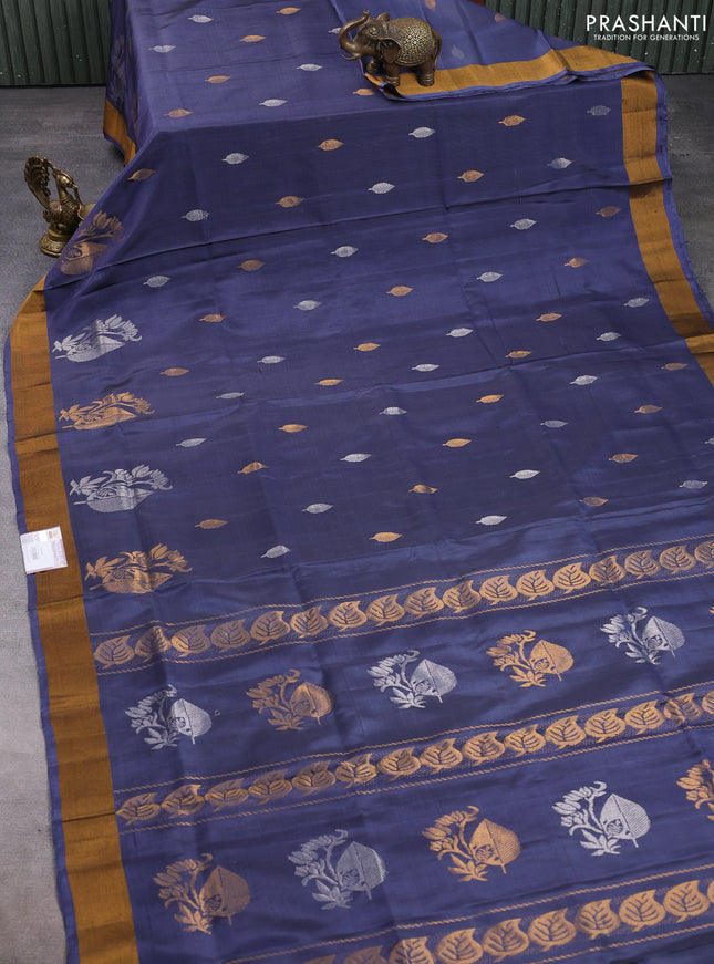 Pure uppada silk saree dark grey with silver & gold zari woven buttas and zari woven butta border