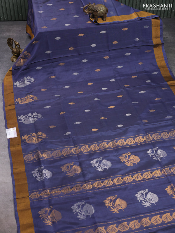 Pure uppada silk saree dark grey with silver & gold zari woven buttas and zari woven butta border
