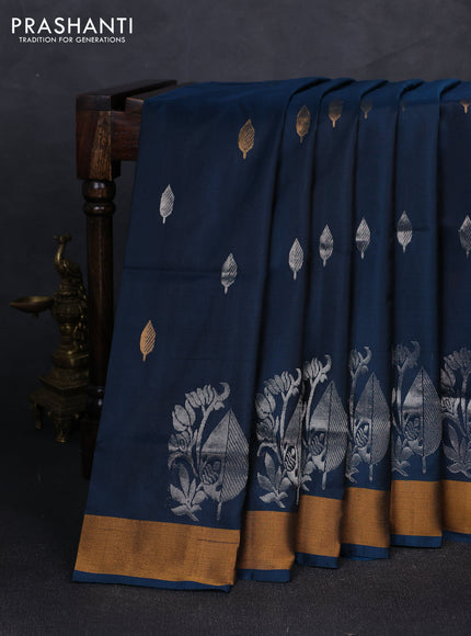 Pure uppada silk saree dark peacock blue with silver & gold zari woven buttas and zari woven butta border