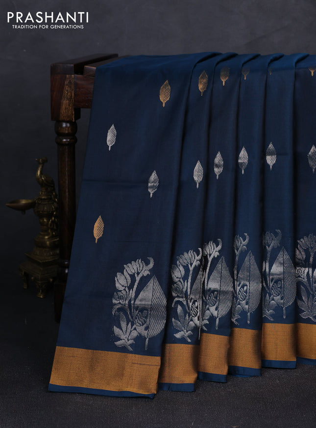 Pure uppada silk saree dark peacock blue with silver & gold zari woven buttas and zari woven butta border